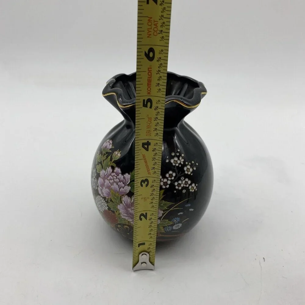 Vintage Japanese Black Floral Ceramic Vase‎ Ruffled Rim Gold Trim Cottagecore